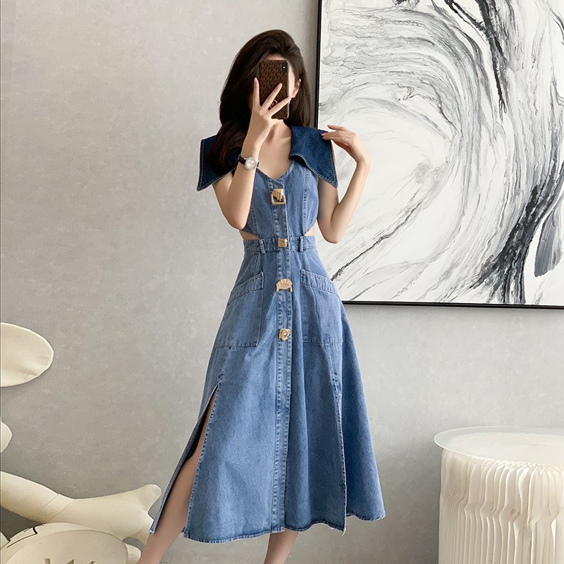 Contrast color large lapel waist slit denim A-shaped skirt